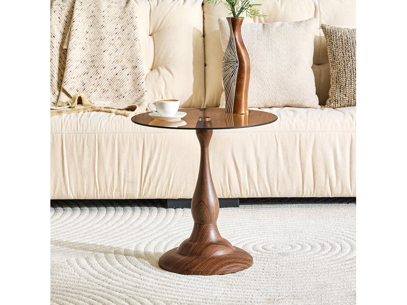  Table d'appoint ronde en verre trempé marron ø50 cm, piètement métal, h 51,5 cm  - Conforama E
