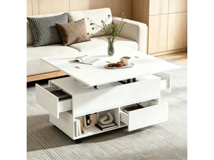 Table basse relevable 100x50 cm avec 4 tiroirs et roulettes blanc mat