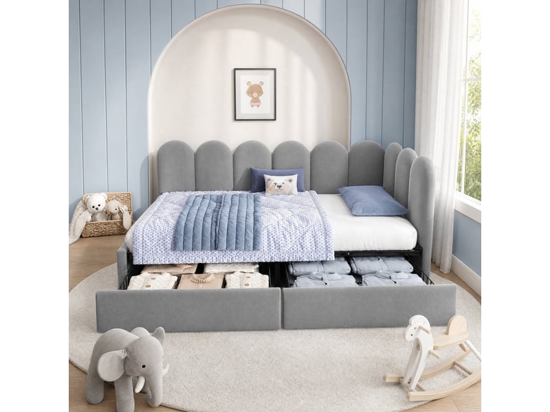  Lit simple 90x200 cm avec 2 tiroirs en velours gris  - Conforama C