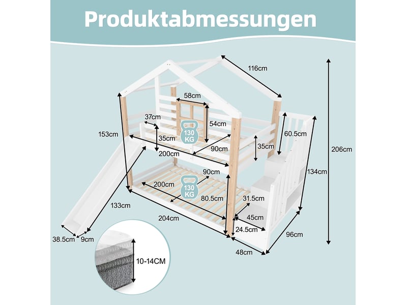  Lit superposé enfant 90x200 cm avec toboggan et escalier de rangement en bois blanc  - Conforama E