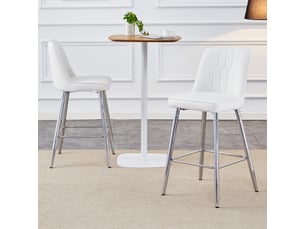 Lot de 2 tabourets de bar blancs en simili cuir avec pieds en métal argenté, hauteur 100 cm, pour îlot de cuisine.