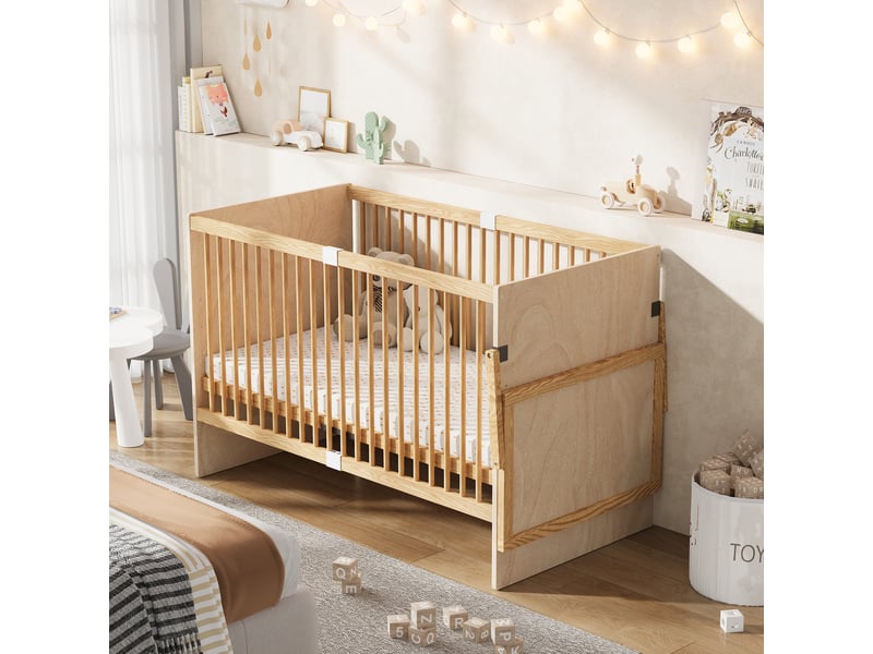  Lit bébé avec barrière 1 place, table à langer rabattable, 4 hauteurs - okmyhome- sans matelas, bois naturel  - Conforama C
