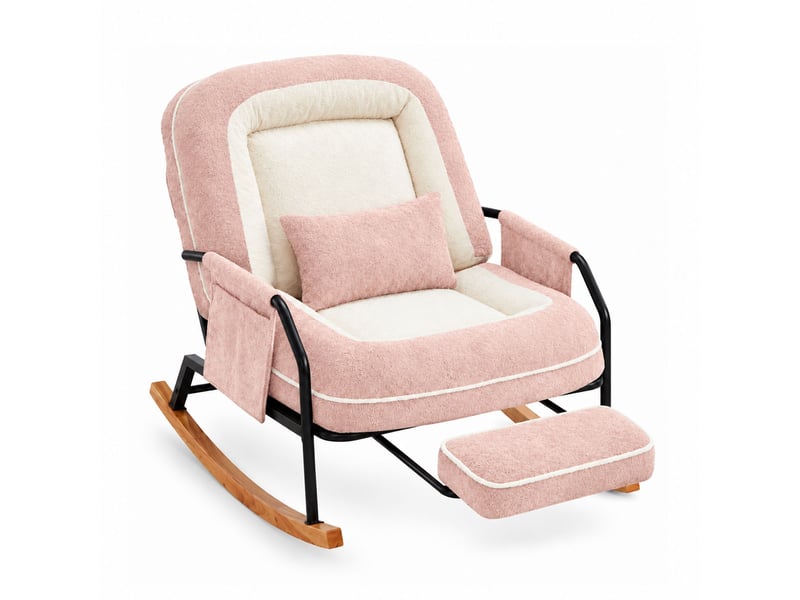  Fauteuil à bascule moderne avec dossier inclinable 100°-160°, repose-pieds escamotable, coussin en fausse fourrure de lapin,rose  - Conforama A