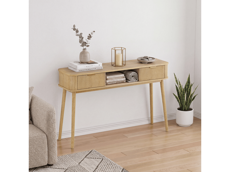  Console vintage 120x35x77,6 cm effet chêne avec 2 tiroirs et niche ouverte  - Conforama E