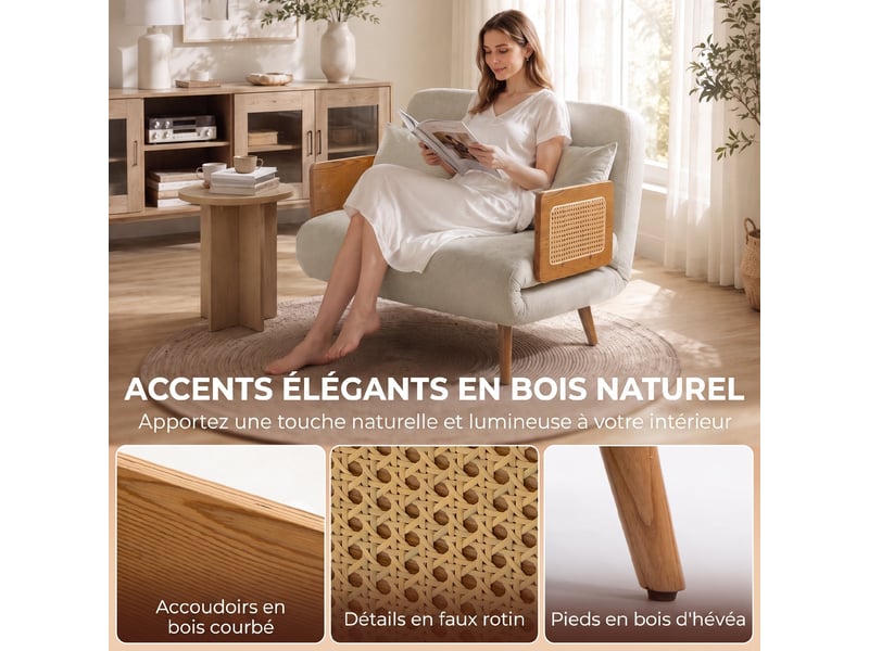  Canapé convertible 2 places, canapé-lit 3 en 1 chenille 103cm, dossier réglable, 2 oreillers, accoudoirs en bois, crème  - Conforama R