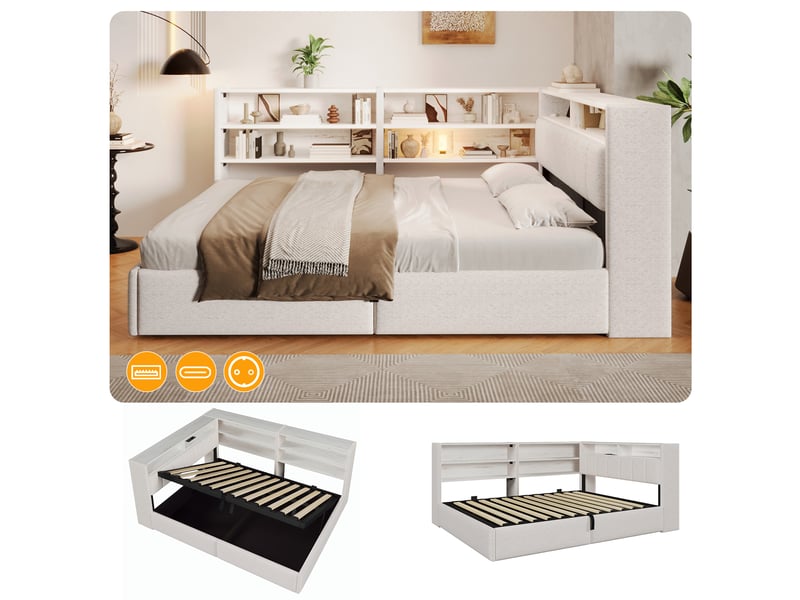  Canapé-lit coffre 140 x 200 cm - avec prise électrique - avec port usb + bande lumineuse led - tissu velours - blanc (matelas non inclus)  - Conforama E