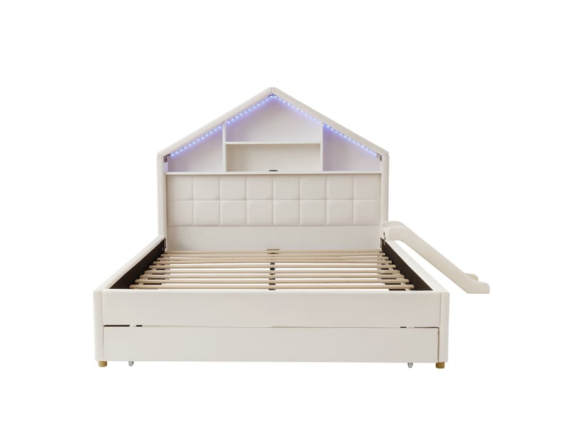  Lit enfant 140x200 en velours avec toboggan,led,chargeur, rangement tête de lit, grand coffre,cadre de lit cabane,beige  - Conforama E