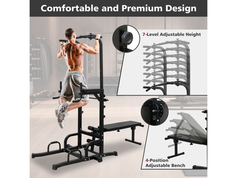  Station de musculation power tower réglable, barre de traction et banc, exercices abdominaux  - Conforama E
