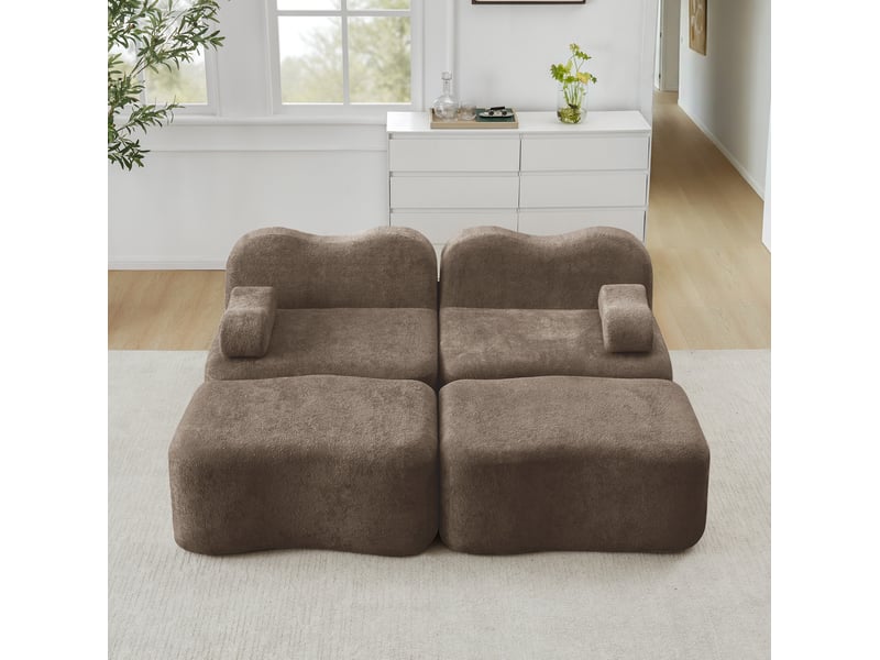 Canapé modulaire 2 places avec 2 poufs en velours marron - Conforama C