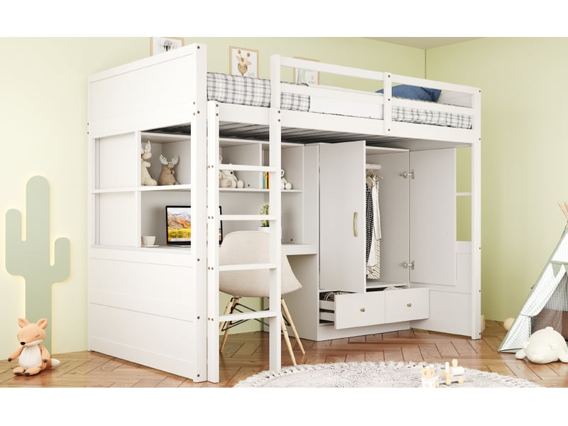  Lit mezzanine 90x200 cm blanc avec bureau, rangement et échelle - lit enfant et ado  - Conforama R
