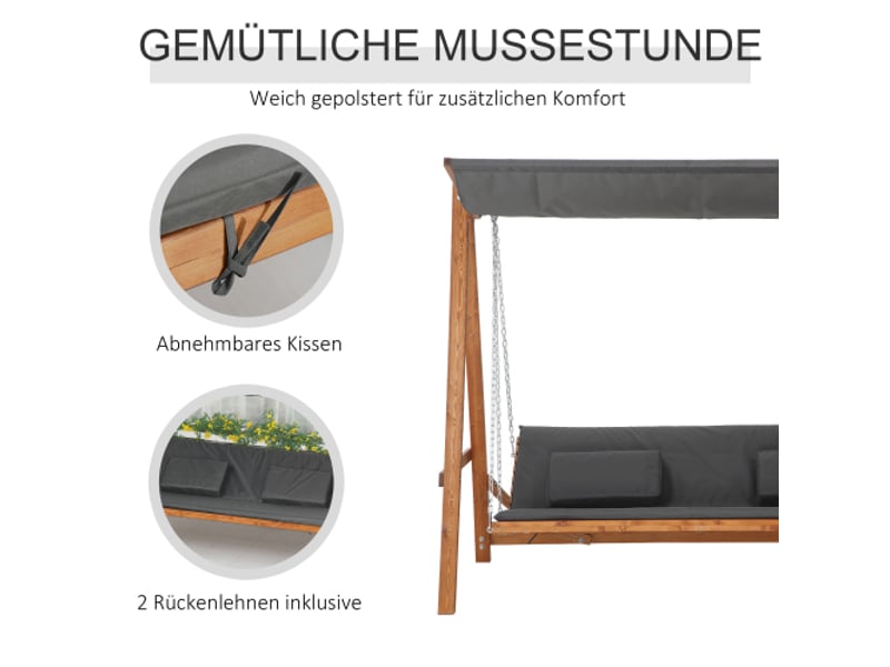  Balancelle de jardin 3 places avec fonction lit, toit, bois de pin gris et teck, 225,5x113x180 cm  - Conforama D