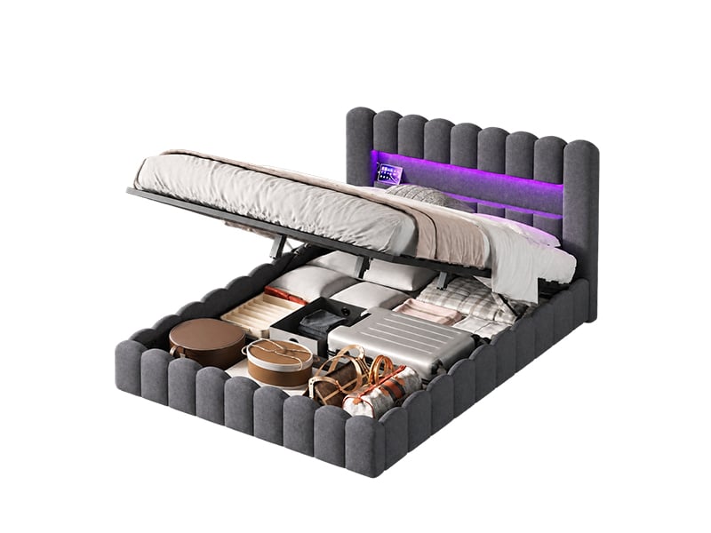  Lit à bulles rembourré 160 x 200 cm, lit hydraulique avec espace de rangement et sommier à lattes, lit double avec éclairage led et ports usb, lin, gris 231223YZ0502#ADQTQHWP2BDELLM - Conforama A