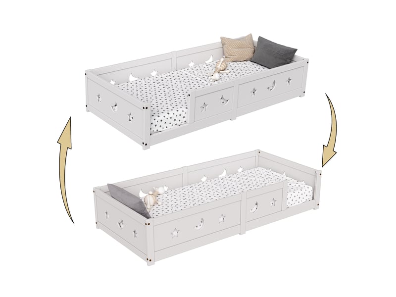  Lit montessori enfant 90x200 cm avec barrières de sécurité étoiles et lune, lit au sol, lit simple, bois de pin, blanc, sans matelas  - Conforama E
