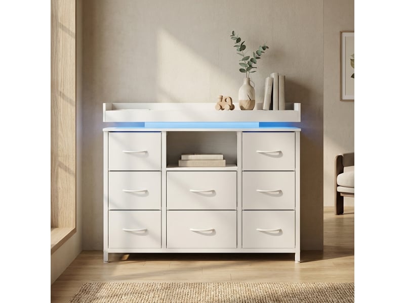 Commode chambre, 8 tiroirs, led rgb et station de charge, meuble de rangement 108x30x82 cm, métal et tissu, style industriel moderne, blanc - Conforama B