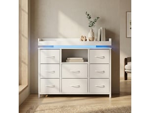 Commode chambre, 8 tiroirs, led rgb et station de charge, meuble de rangement 108x30x82 cm, métal et tissu, style industriel moderne, blanc