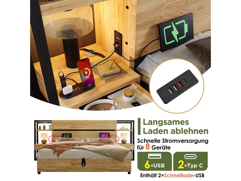  Lit coffre hydraulique 180x200 cm avec tête de lit rangement-usb et type-c-tiroirs intégrés-effet chêne  - Conforama E