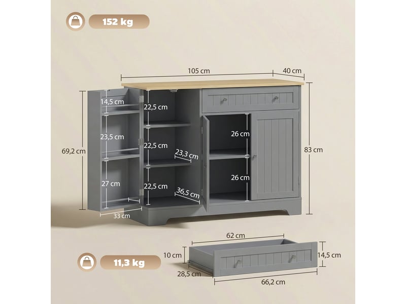 Buffet cuisine, meuble de rangement avec 3 portes, tiroir, étagères de porte et étagère réglable, 105x40x83cm, gris - Conforama C