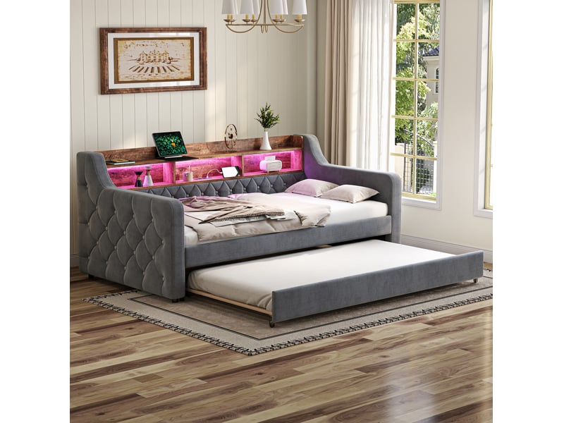  Modenvie lit gigogne 90x190 cm - avec rangement, led et port usb-c, sans matelas - gris  - Conforama E