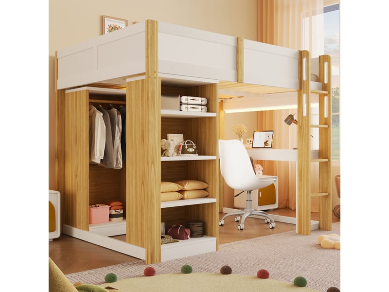  Lit mezzanine, 140 x 200 cm, avec étagère à 4 niveaux, bureau en forme de l sous le lit et armoirecompartiments, coloris blanc et naturel  - Conforama D