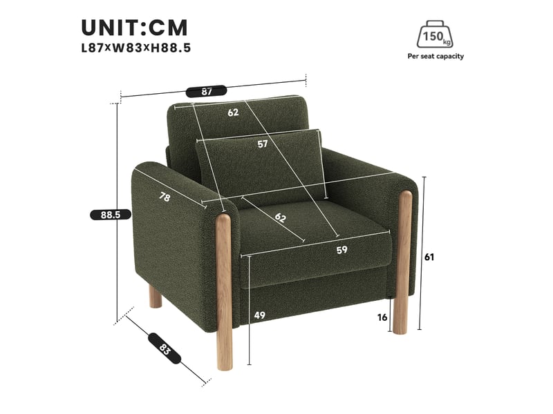  Fauteuil lounge modenvie 1 place vert en tissu bouclette 87 x 83 x 88,5 cm  - Conforama C