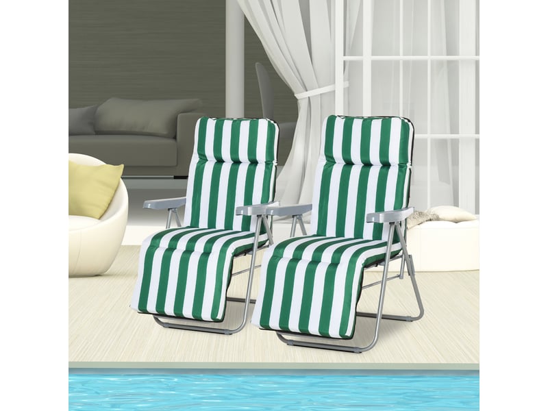  Chaises longues de jardin, lot de 2, pliables avec coussins, 60 x 75 x 102 cm, acier, vert et blanc  - Conforama B