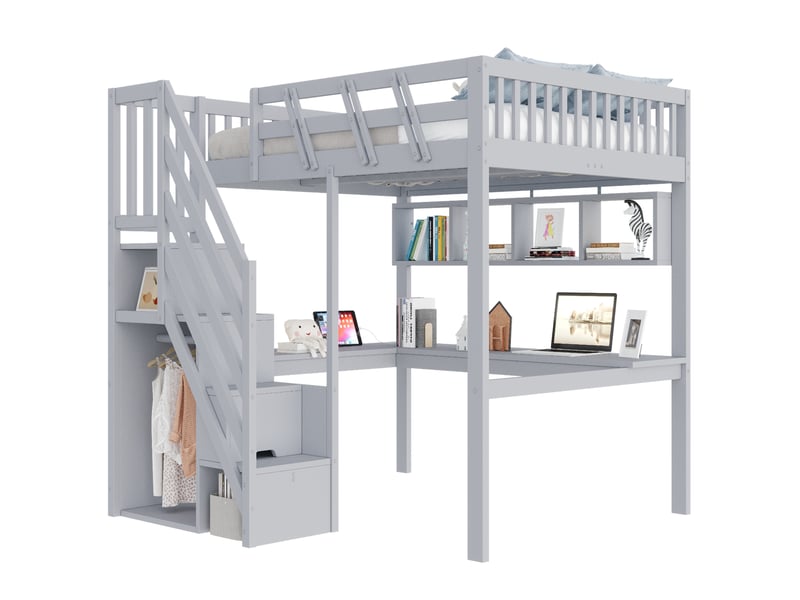  Lit mezzanine 140x200 cm avec bureau, escalier de rangement, led et usb, gris et blanc  - Conforama A