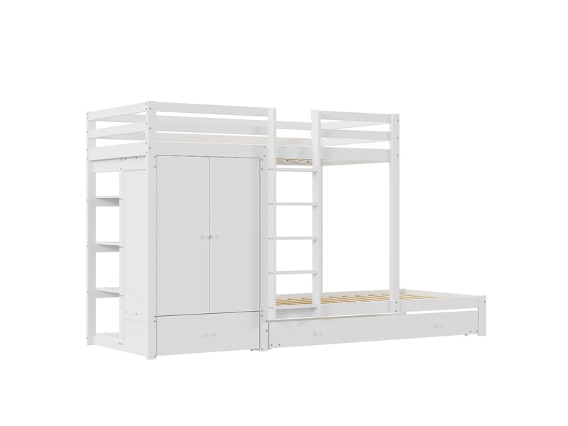 Lit superposé enfant 90 x 200 cm avec lit gigogne, armoire et tiroirs, blanc  - Conforama A