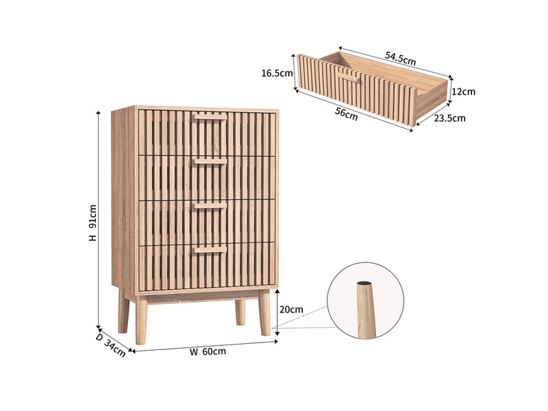 Commode 4 tiroirs 60 cm, commode chambre, design à lattes verticales, meuble de rangement, pour saloncuisinesalle à manger, chêne clair  - Conforama E