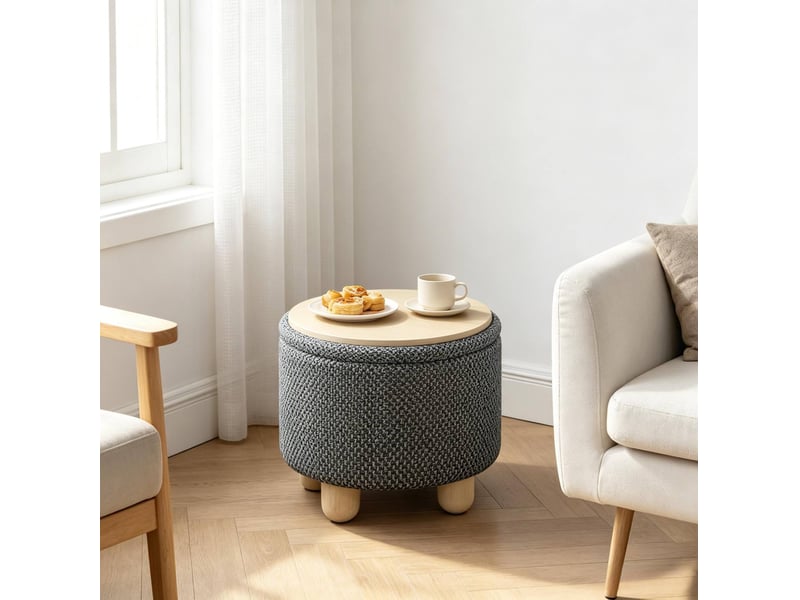  Banc de rangement rond avec espace de rangement et plateau amovible, en tissu gris foncé  - Conforama D