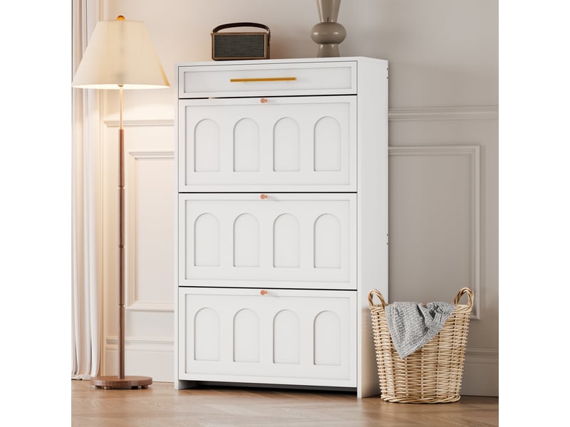 Meuble à chaussures ulevr avec 6 compartiments et tiroir, 70 x 25 x 123,5 cm, mdf blanc, portes abattantes - Conforama E