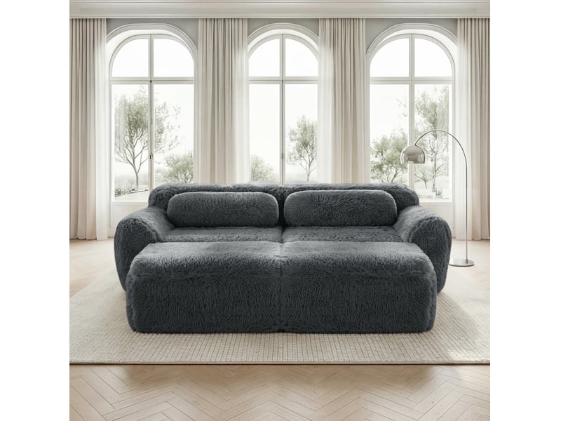  Canapé-lit modulaire 2 places avec 2 ottomans en tissu peluche gris  - Conforama C