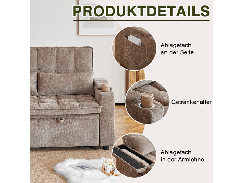  Canapé-lit 3 en 1 avec fonction relaxation, coussins d'assise et de dossier moelleux comme des nuages, deux coussins lombaires  - Conforama D