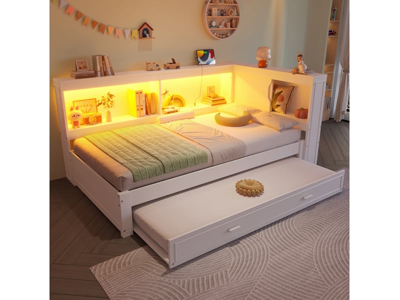  Lit enfant 90x200 cm, avec lit gigogne, led intégrée, port usb-c, 2 sommiers, mdf et pin, blanc, moderne, sans matelas  - Conforama E