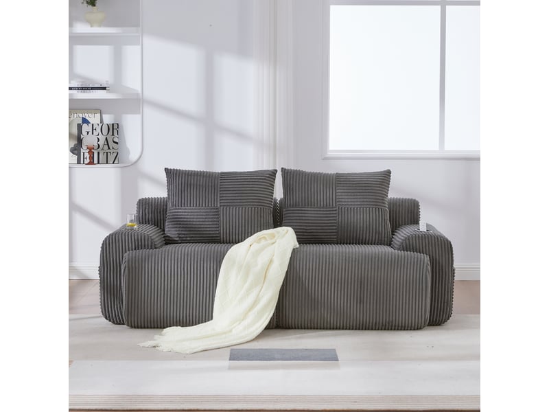 Canapé modulaire 2 places en velours côtelé gris foncé avec porte-gobelet et poche latérale - Conforama C