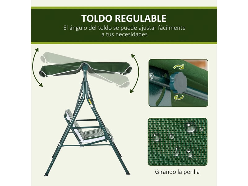 Balancelle de jardin 3 places, toit réclinable, structure acier anti-corrosion, coussin 5 cm, 240 kg, 172 x 110 x 153 cm - Conforama D