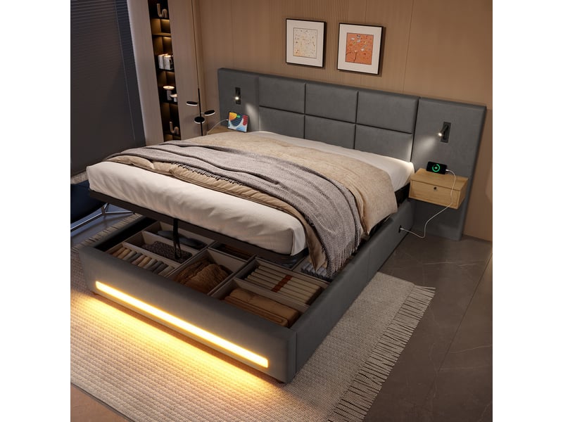  Lit rembourré 160x200, avec tête velours, tiroirs, led, usb-c, coffre hydraulique, structure métallique, gris  - Conforama D