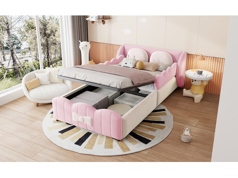  Lit coffre enfant 1 place 90×200 cm, rangement hydraulique et coussins - okmyhome- velours rose, sans matelas  - Conforama E