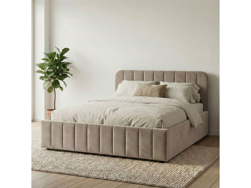  Lit coffre 140x190 velours taupe avec tête de lit terre de nuit  - Conforama B