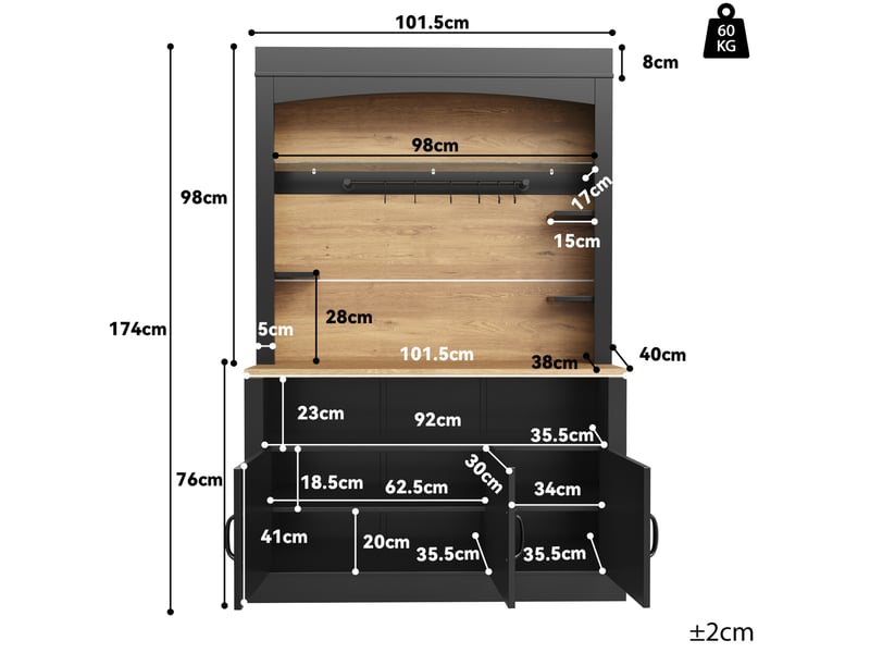  Buffet de cuisine haut avec 3 portes, éclairage led, plan de travail et étagères réglables pour cuisine en mdf noir  - Conforama C