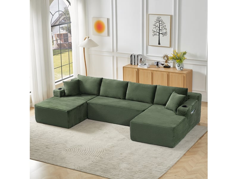Canapé modulable en u 6 places sans structure en velours côtelé vert - Conforama B