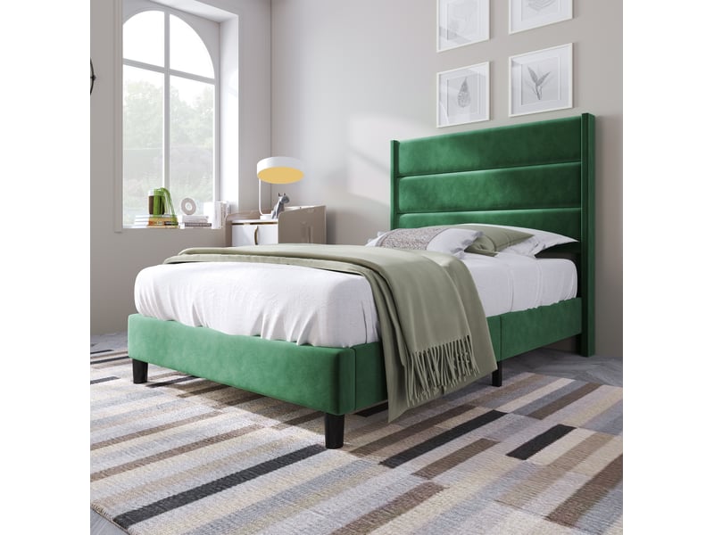  Lit 1 place 90x200 cm avec sommier et tête de lit en velours vert foncé  - Conforama C