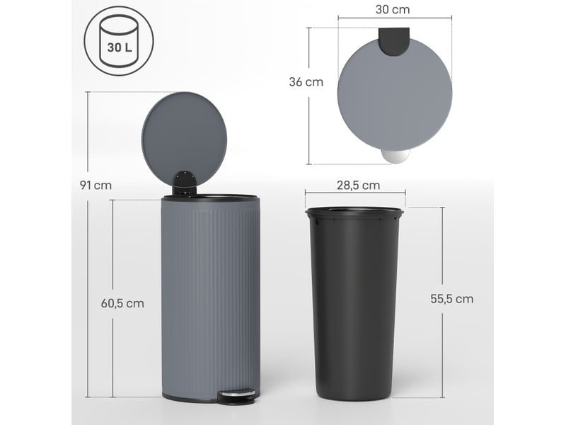  Poubelle à pédale 30 l 36 x 30 x 60,5 cm – gris foncé – fermeture douce, ouverture à 90°  - Conforama C