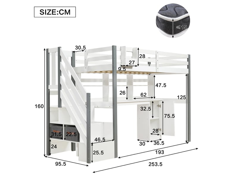  Lit mezzanine enfant 90x200 cm – blanc et gris – bureau, rangements et échelle latérale – sans matelas  - Conforama C