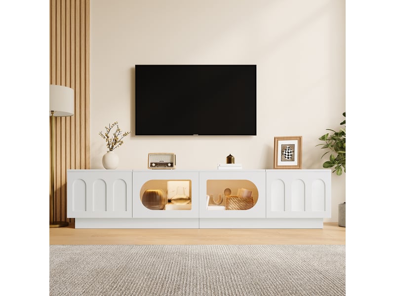Meuble tv 200 cm en blanc, led contrôlée par app, portes vitrées ovales, passe-câbles - Conforama B