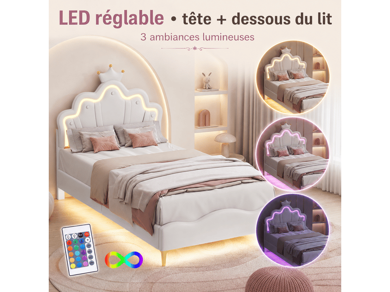 Lit fille 90x200cm avec sommier led réglables - lit simple enfant avec tête de lit réglable en hauteur - sommier à lattes - lit 90x200 cm - lumineuse led - lit fille avec tête de lit réglable - lit princesse en forme couronne - … - Conforama C