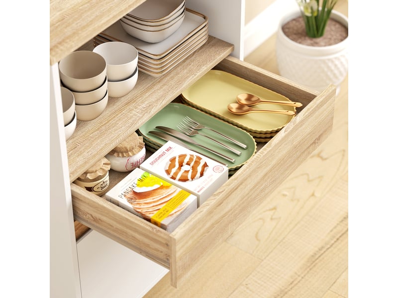  Meuble micro onde, 60 x 40 x 131 cm chêne et blanc, buffet cuisine avec placard tiroir étagère supérieur  - Conforama W