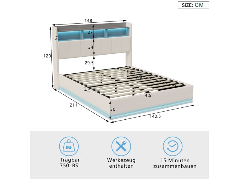  Lit coffre 140x200 cm avec led,usb et type-c, lit adulte avec sommier à lattes, lit double moderne, blanc,velours  - Conforama C