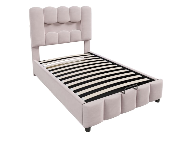  Lit rembourré pour enfant 90 x 200 cm, avec éclairage led, équipé d'un système hydraulique, tête de lit réglable, en velours, rose  - Conforama R