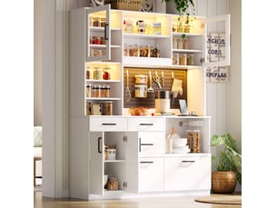 Buffet de cuisine haut avec 5 tiroirs, étagères réglables, éclairage led et prises, blanc, 145 × 40 × 185 cm