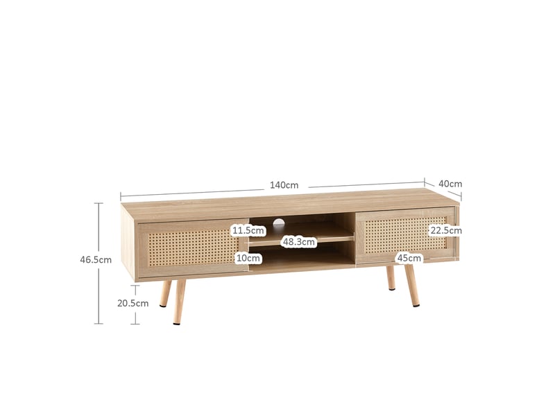  Meuble tv ulevr 140 cm avec portes coulissantes en rotin, rangement et étagères réglables, mdf bois naturel clair  - Conforama C